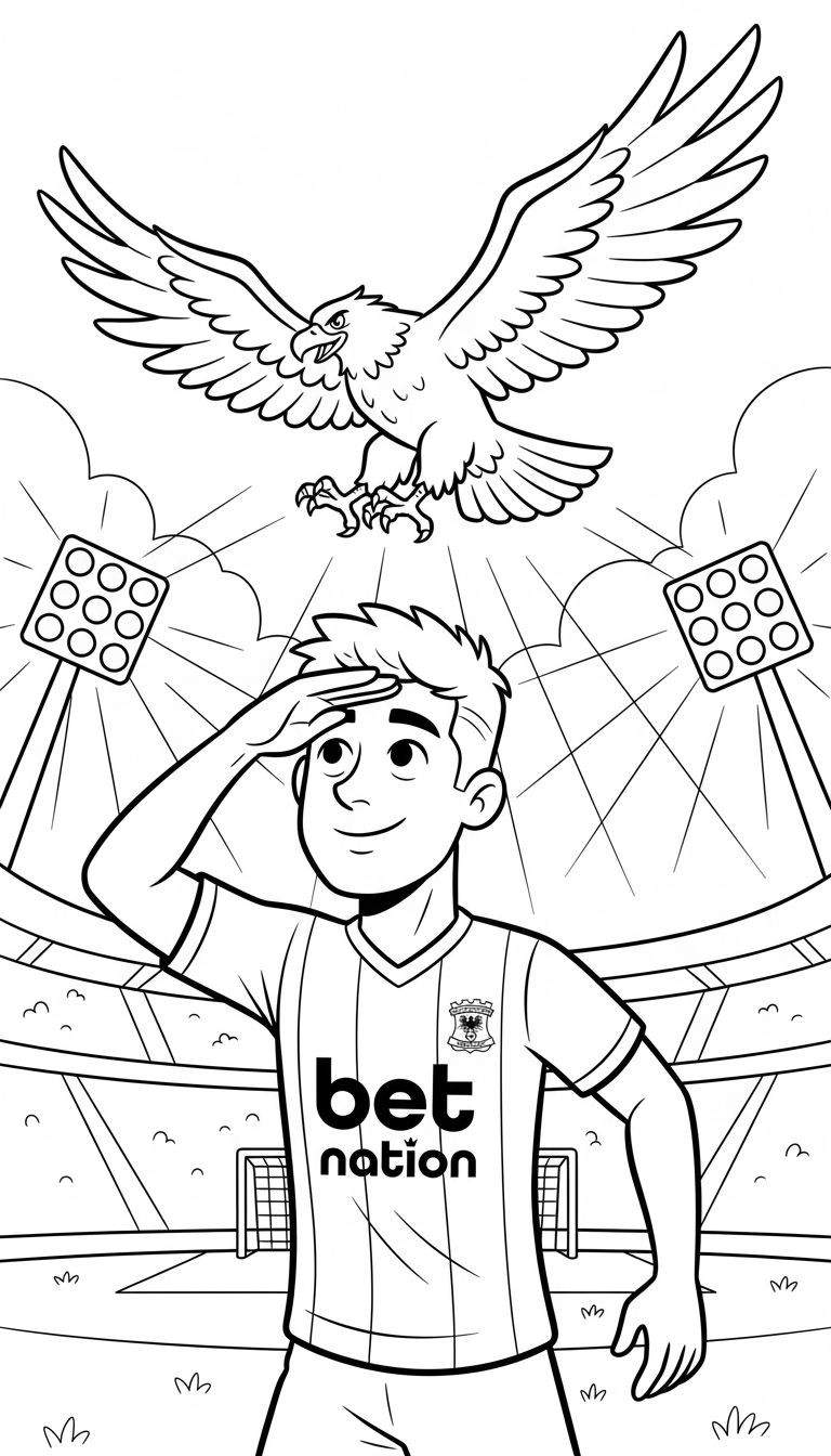 Kleurplaat van een Go Ahead Eagles voetballer in het stadion die omhoog kijkt naar een vliegende adelaar, met tribunes, goal en schijnwerpers op de achtergrond.