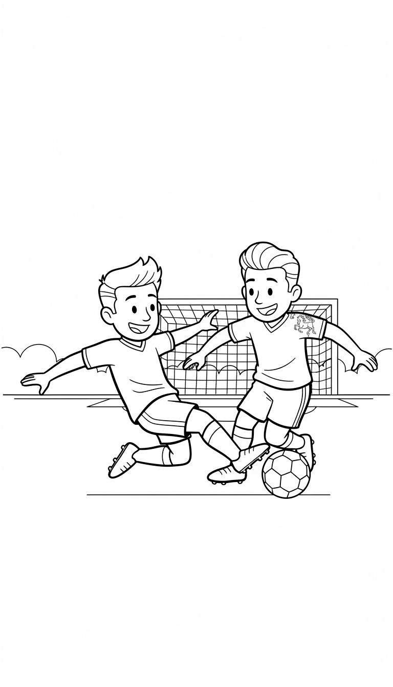 Zwart-wit kleurplaat van twee lachende jongens in voetbaltenues op een voetbalveld, met één jongen die glijdt en de ander de bal dribbelt bij een voetbaldoel, inclusief FC Twente symbool.