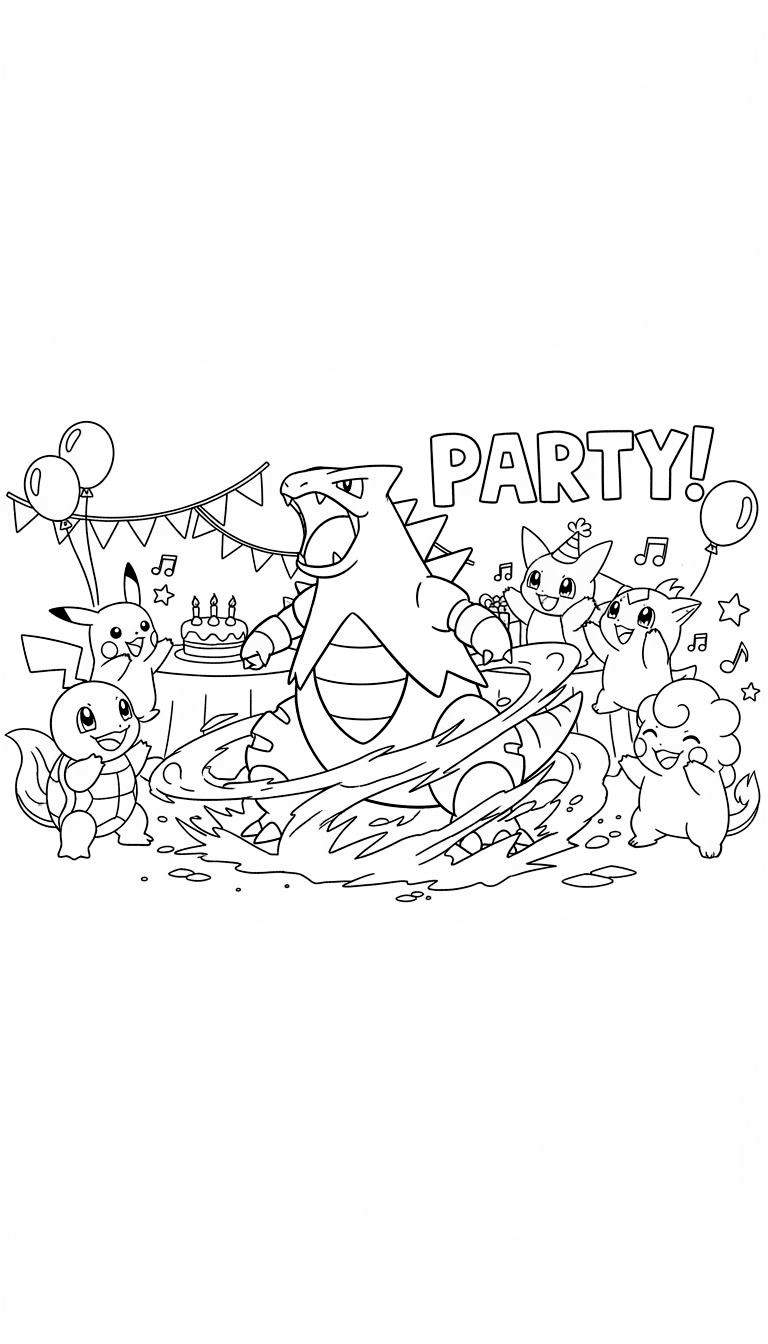 Zwart-wit lijntekening van een Pokémon feestje met een brullende Tyranitar centraal, omringd door vrolijke Pikachu, Squirtle, Vulpix, Mime Jr. en Clefairy. Er is een taart met kaarsjes, ballonnen en de tekst 'PARTY!'.