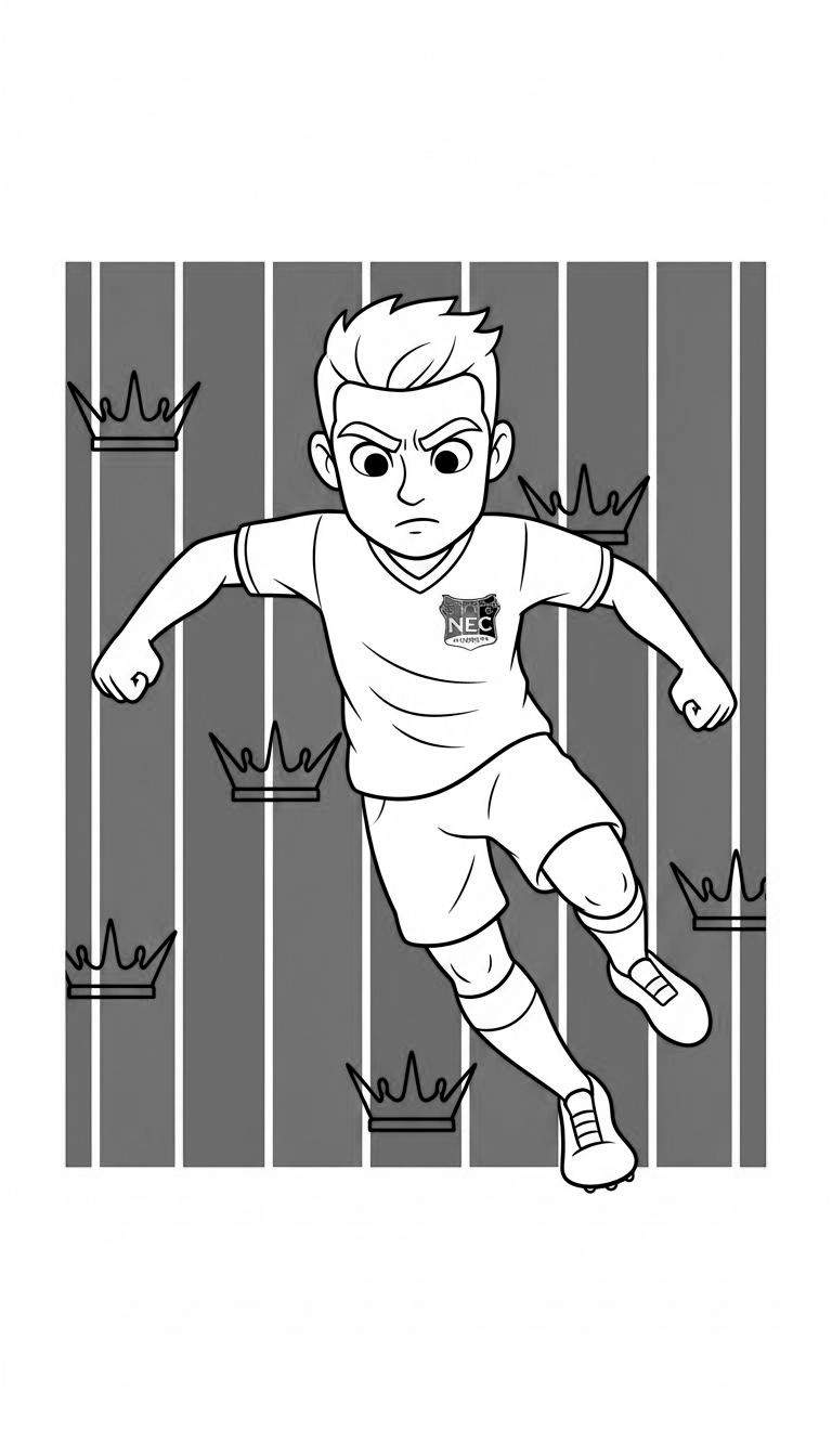 Zwart-wit kleurplaat van een jonge NEC voetballer in een dynamische actiepose, met het NEC logo prominent op zijn shirt en subtiele kroonmotieven op de gestreepte achtergrond.