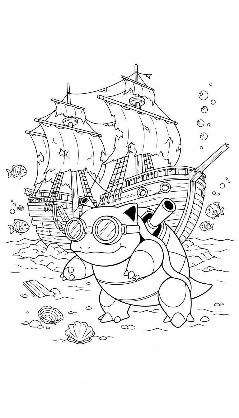 Zwart-witte kleurplaat van Blastoise met duikbril die een gezonken scheepswrak op de zeebodem verkent, omringd door vissen en luchtbellen.