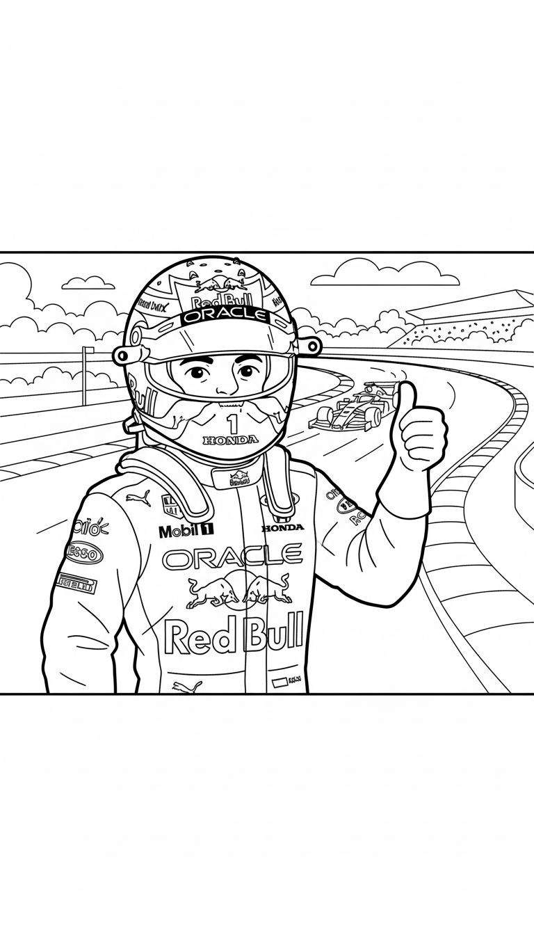Zwart-wit kleurplaat van Formule 1-coureur Max Verstappen met Red Bull helm en racepak (met nummer 1, Red Bull, Oracle, Honda logo's), die een duim omhoog steekt. Op de achtergrond is een racecircuit met een F1-auto en tribunes zichtbaar.