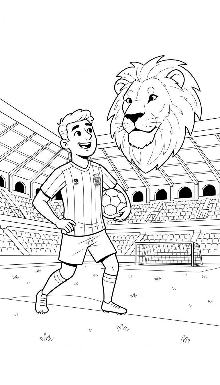 Zwart-wit kleurplaat van een lachende jonge Willem II voetballer met bal en een majestueuze leeuwenkop, tegen de achtergrond van een voetbalstadion met tribunes en doel.