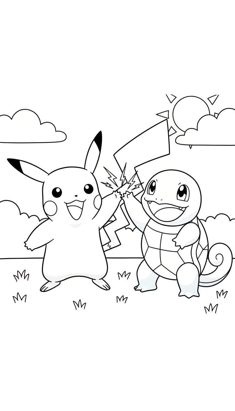 Zwart-wit kleurplaat van lachende Pikachu en Squirtle die een high five geven met bliksemschichten. Achtergrond met wolken en zon, voorgrond met gras.