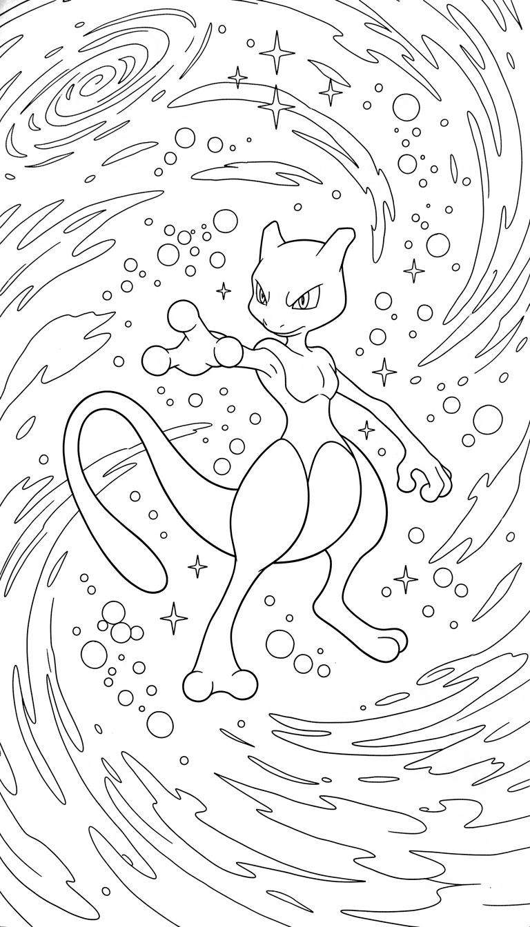Zwart-wit kleurplaat van de legendarische Pokémon Mewtwo in een dynamische, aanvallende pose, omringd door wervelende energie en kosmische symbolen.