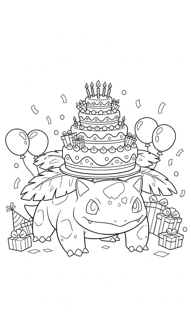 Zwart-wit kleurplaat van Venusaur die een grote drielaags verjaardagstaart op zijn rug draagt, omringd door cadeaus, ballonnen en confetti.