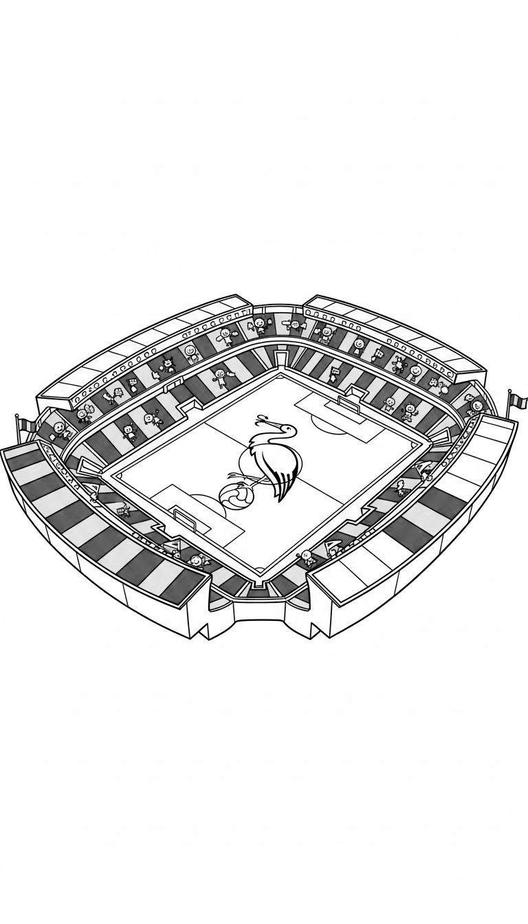 Zwart-wit kleurplaat van het ADO Den Haag voetbalstadion. Een ooievaar staat op het voetbalveld naast een bal. De tribunes zijn gevuld met supportersfiguren.