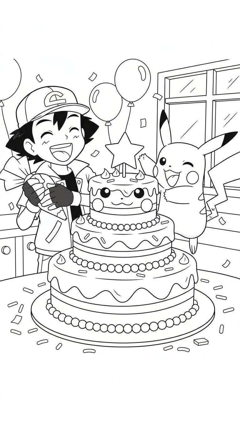 Kleurplaat van Ash Ketchum en Pikachu die een verjaardagsfeest vieren. Ash lacht breeduit met een cadeau, Pikachu knipoogt en juicht naast een grote drielagige taart met een Pikachu-gezicht. Op de achtergrond zweven ballonnen en valt confetti.