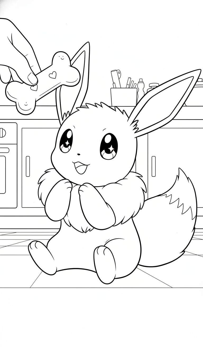 Zwart-wit kleurplaat van een vrolijke Eevee die blij kijkt naar een decoratief botje dat door een hand wordt aangeboden in een keukenomgeving.