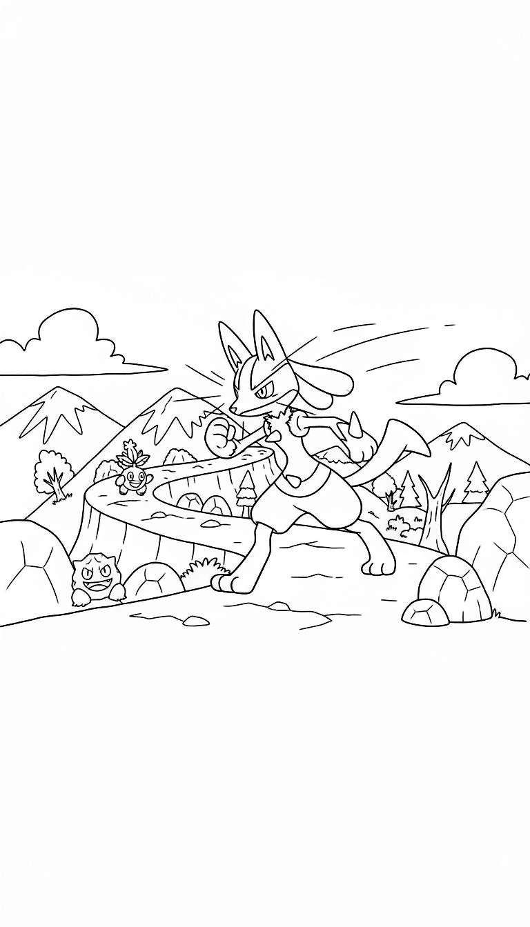 Zwart-wit kleurplaat van Lucario in een dynamische pose in een berglandschap met Geodude en Shroomish.