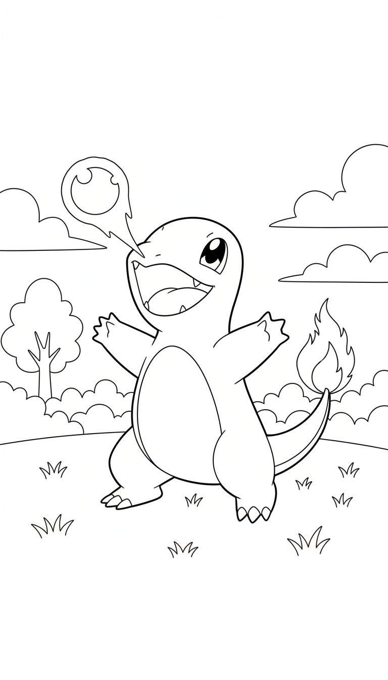 Zwart-wit kleurplaat van een lachende Charmander met wijd open armen, open mond met zichtbare tandjes en een krulvormige vuur/geluidsexpressie. De vlam aan zijn staart brandt. Op de voorgrond is gras en op de achtergrond zijn wolken, een boom en struiken te zien.