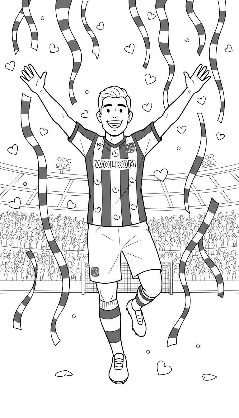 Zwart-wit kleurplaat van een juichende SC Heerenveen voetballer in gestreept tenue ("WOLKOM") met omhooggestoken armen, omringd door confetti en hartjes, in een stadion met juichende fans en een voetbaldoel op de achtergrond.