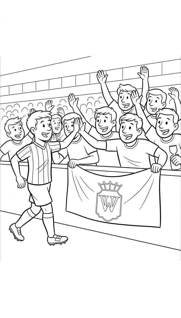 Zwart-wit lijntekening van een Willem II voetballer die een high-five geeft aan een juichende supporter, met meer fans en een Willem II spandoek met logo (wapenschild met kroon en 'W') in een voetbalstadion.