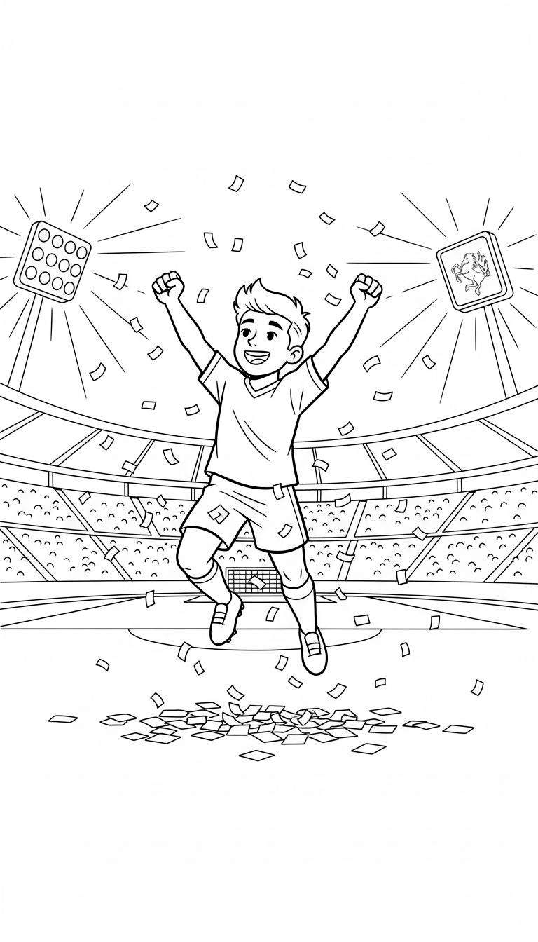 Zwart-witte kleurplaat van FC Twente: een lachende voetballer springt van vreugde in een confetti-gevuld stadion met tribunes, doel en scoreborden.