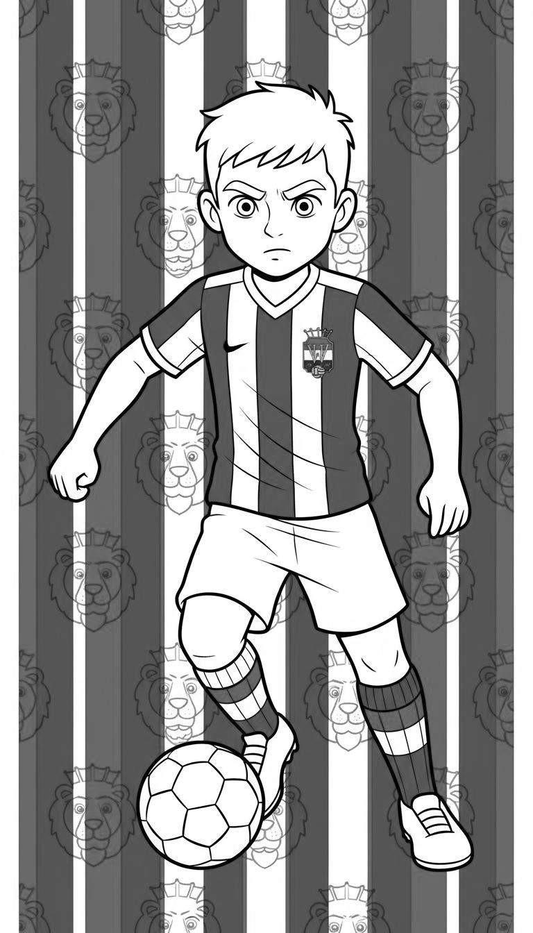 Zwart-wit kleurplaat van een vastberaden jongen in een Willem II voetbalshirt met kroon-embleem, die een voetbal dribbelt. De achtergrond heeft een patroon van verticale strepen en subtiele leeuwenkoppen.