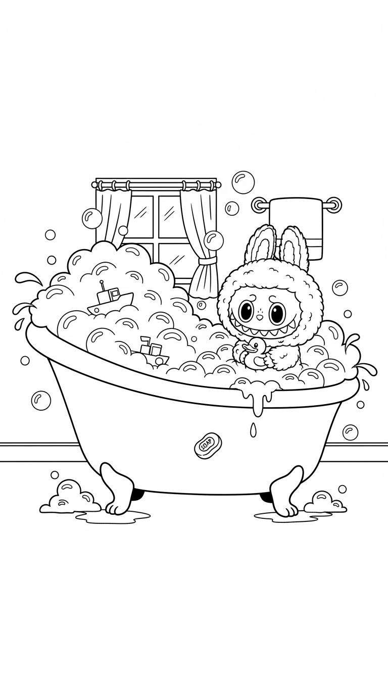 Kleurplaat van Labubu, een pluizig wezentje met konijnenoren en een brede glimlach, in een klassieke badkuip vol zeepschuim, met een badeendje, speelgoedbootjes, zeepbellen, een raam met gordijnen en een handdoek.