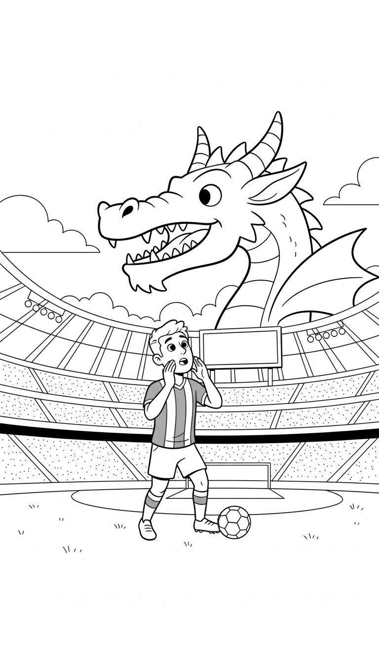 Kleurplaat van een verraste voetballende jongen, een gigantische vriendelijke draak met hoorns en lachende mond, en een voetbalstadion op de achtergrond. FC Den Bosch thema.