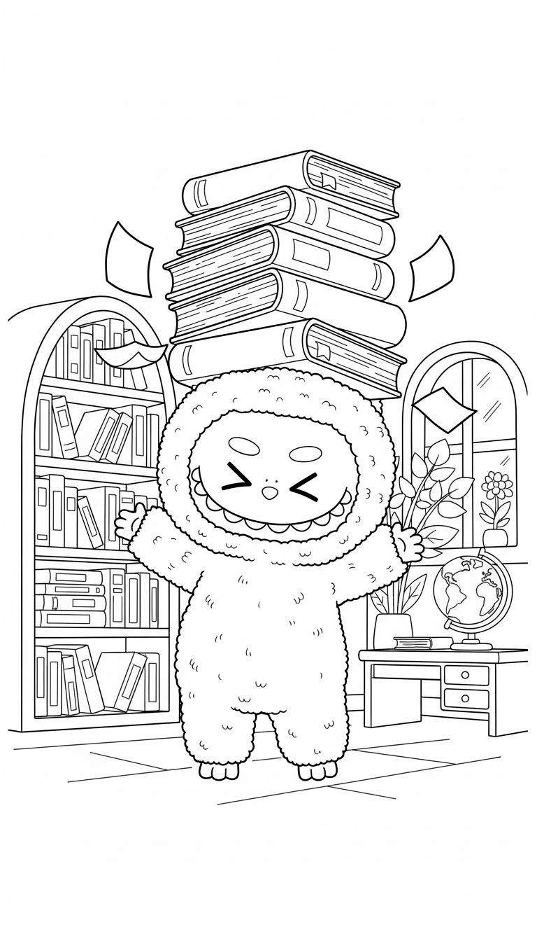 Zwart-wit Labubu kleurplaat: Vrolijk wezentje met een grote, wankele boekenstapel in zijn armen en op zijn hoofd, staand in een bibliotheekkamer met boekenkast, bureau, wereldbol en planten. Er vliegen enkele losse papieren rond de boekenstapel.
