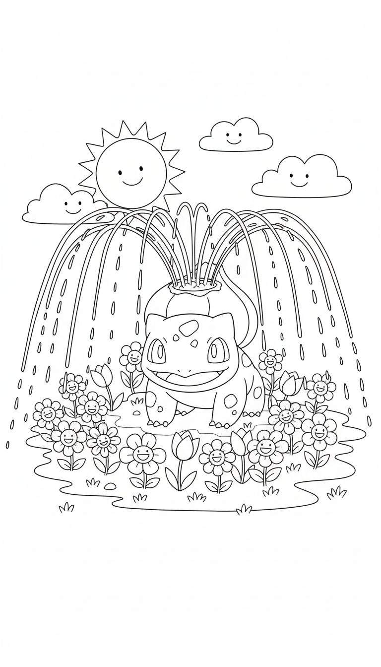 Kleurplaat van een lachende Bulbasaur die water spuit uit zijn rug, omringd door lachende bloemen en gras, onder een lachende zon en vriendelijke wolken.