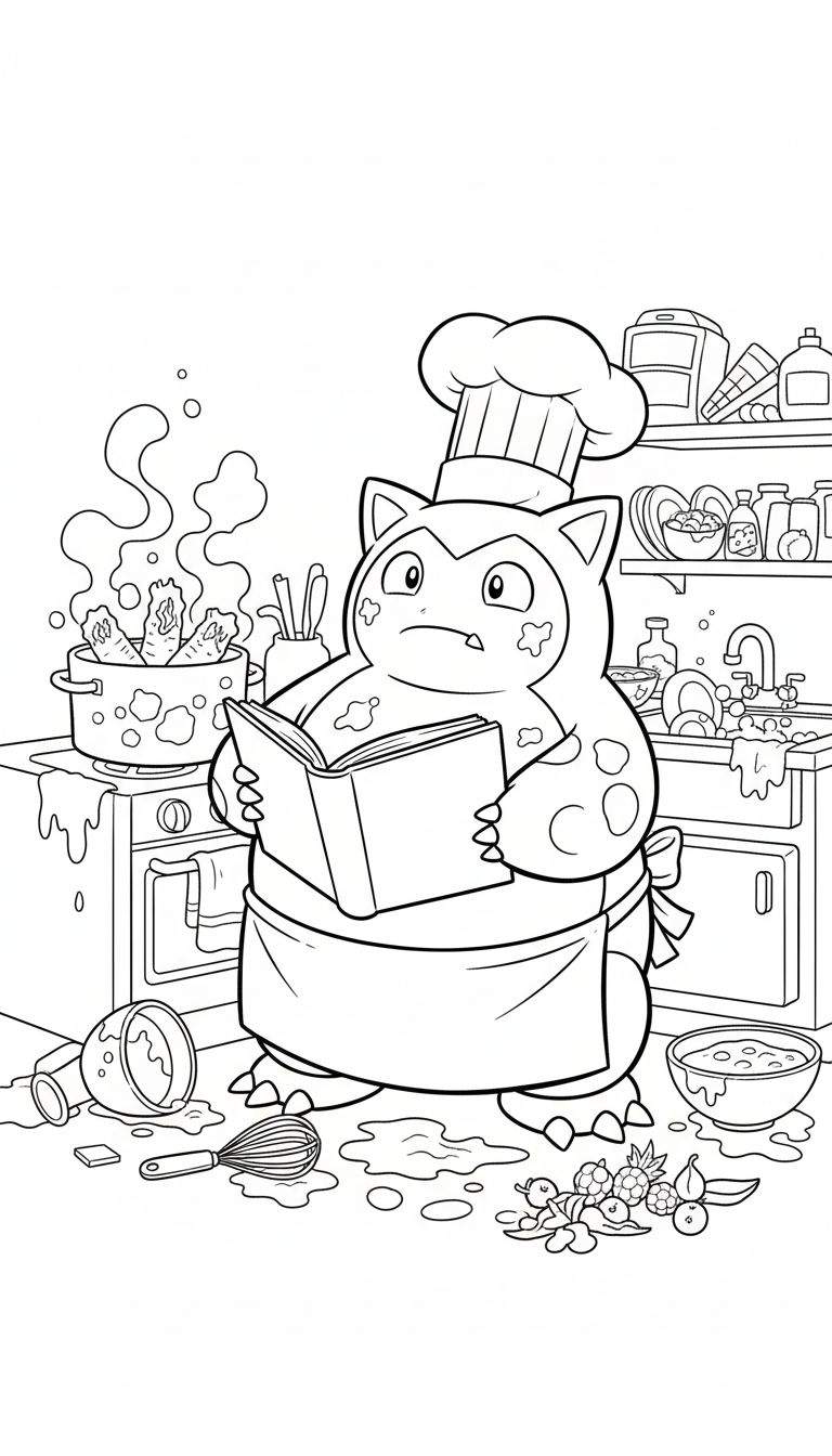 Zwart-witte lijntekening van chef-kok Snorlax in een koksmuts en schort, die geconcentreerd een kookboek leest in een chaotische keuken vol spetters, een borrelende pan, vuile vaat en gemorst fruit op de vloer.