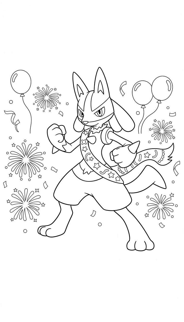 Zwart-witte kleurplaat van Pokémon Lucario in een feestelijke setting met sterrensjerp, ballonnen, confetti en slingers.