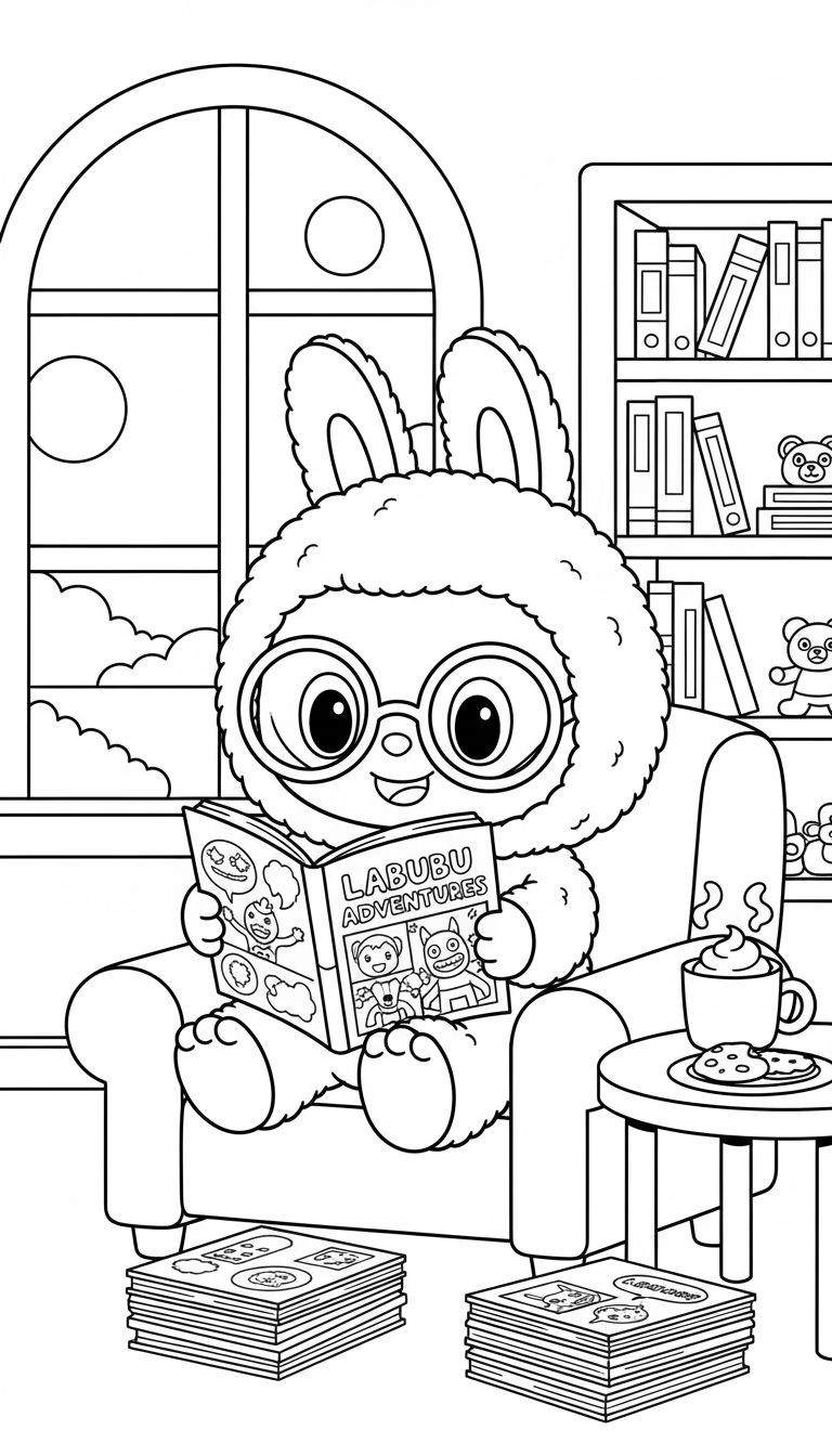 Zwart-wit kleurplaat van Labubu, een pluizig wezentje met bril, dat comfortabel in een fauteuil een boek "LABUBU ADVENTURES" leest. Omgeving met raam, boekenkast met teddybeer, warme chocolademelk en koekje op een tafeltje, en boeken op de grond.