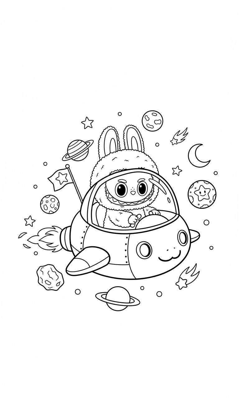 Kleurplaat van een schattig Labubu konijntje in een ruimteschip, omringd door planeten met ringen, lachende sterren, een maansikkel en asteroïden in de ruimte.