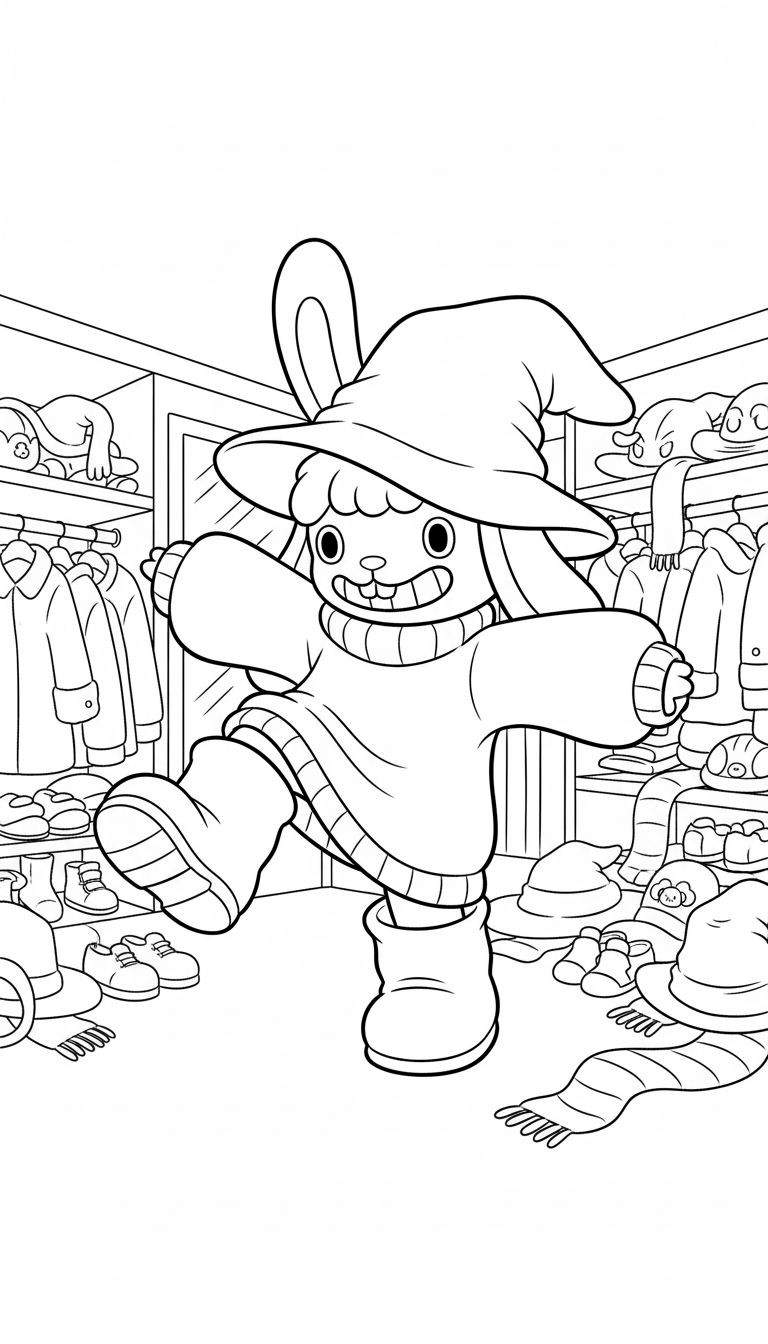 Kleurplaat van vrolijk Labubu-konijn met puntmuts, oversized trui en laarzen, dansend in een rommelige kledingkast vol kleding en hoeden.