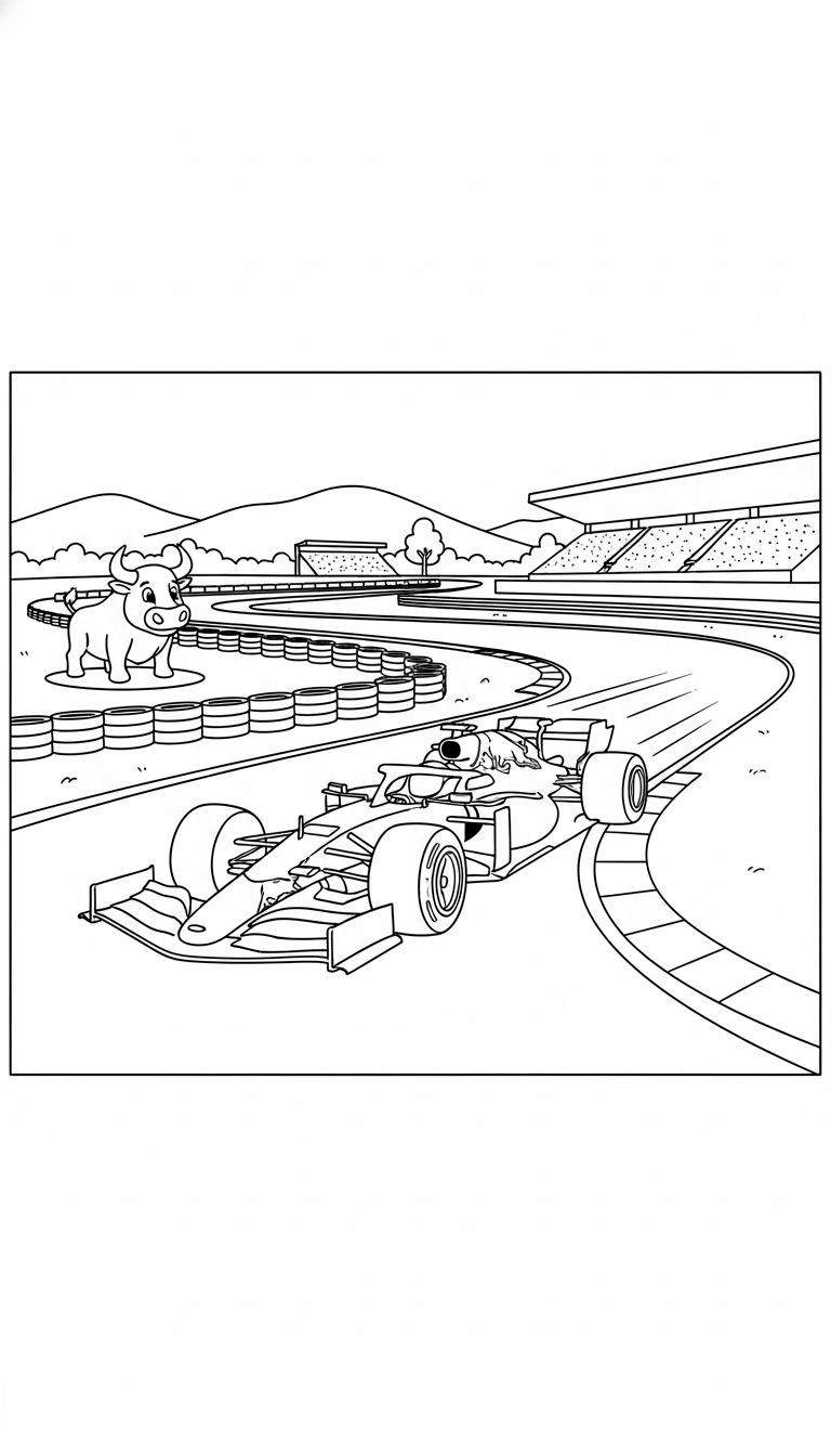 Zwart-wit Formule 1 kleurplaat: raceauto met coureur op circuit, snelheidstrepen, bandenstapels, cartoonstier, tribunes, heuvels, bomen. Thema: Red Bull.