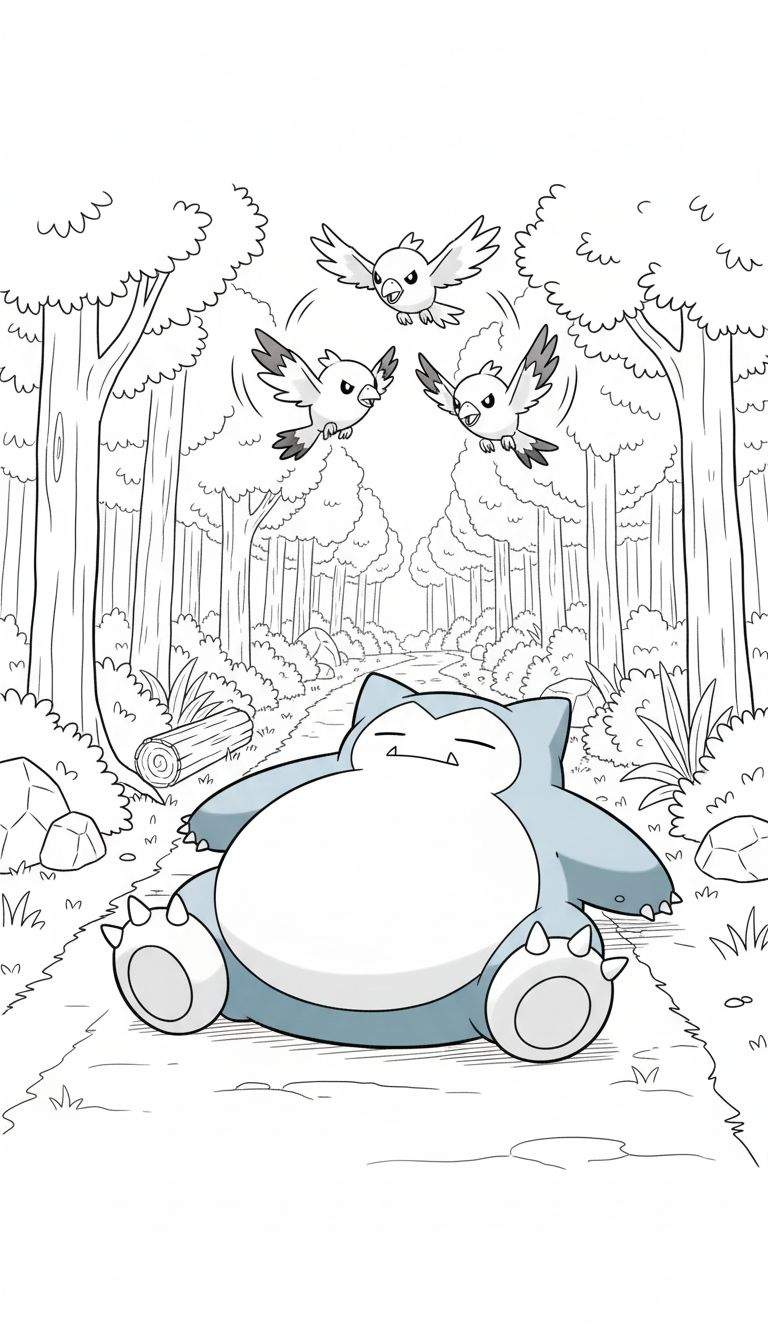 Kleurplaat van slapende Snorlax op een bospad, met vliegende vogeltjes, hoge bomen en bosbegroeiing.