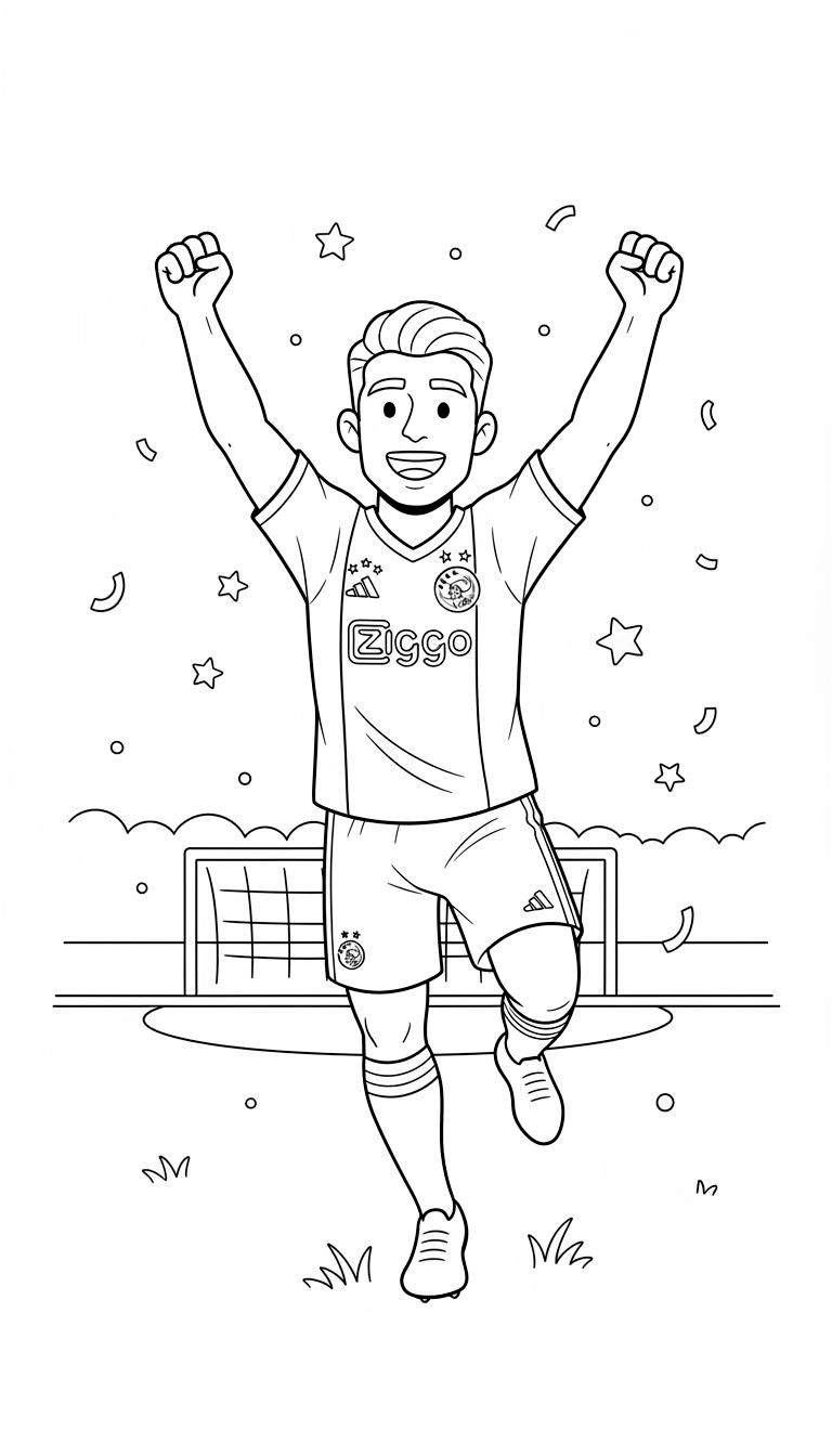 Zwart-wit kleurplaat van een juichende Ajax-voetballer in Ziggo/Adidas tenue met drie sterren, op een grasveld voor een voetbaldoel.
