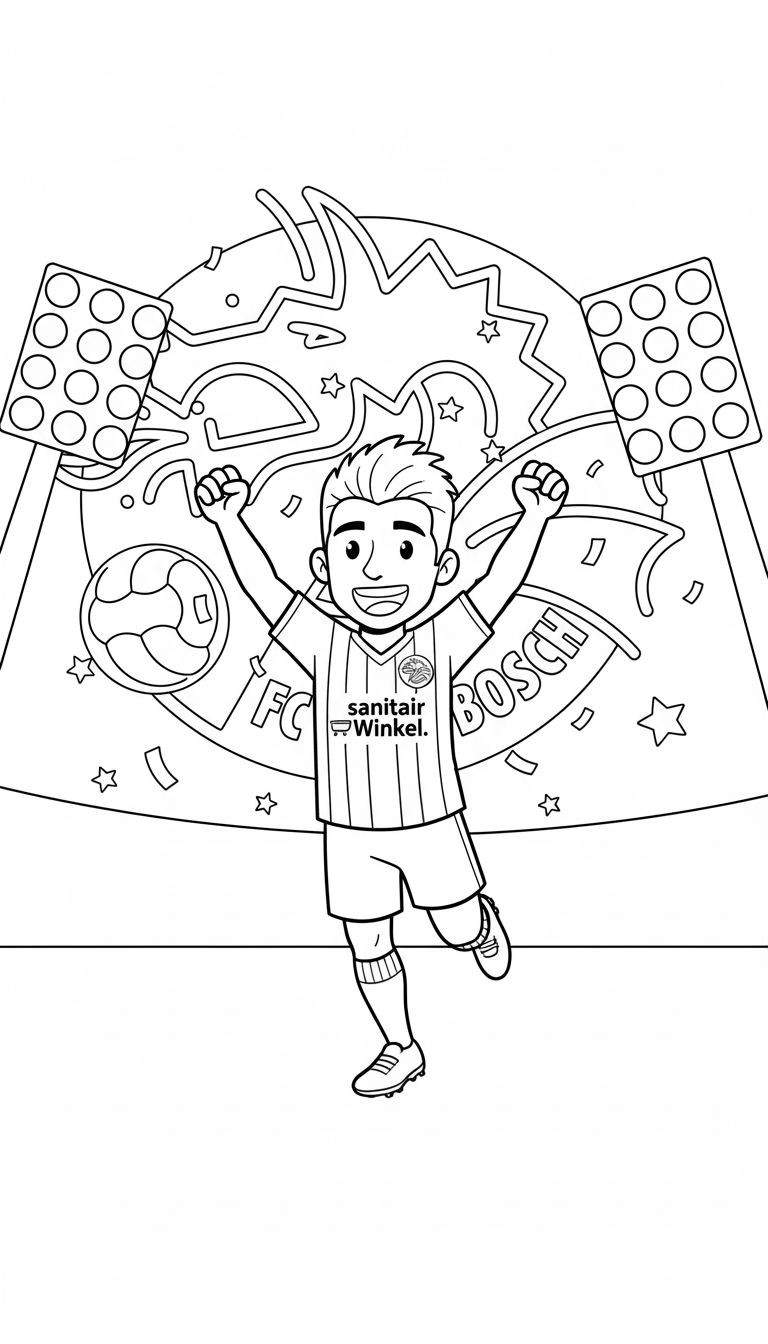 Zwart-wit kleurplaat van een juichende FC Den Bosch voetballer met 'Sanitair Winkel.' op zijn shirt, omringd door feestelijke sterren, confetti, en de letters 'FC BOSCH'.