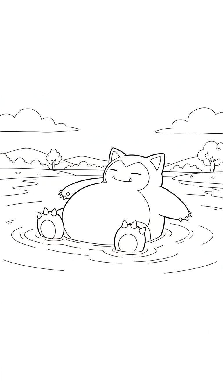 Zwart-wit kleurplaat van een ontspannen Snorlax drijvend in water, met gesloten ogen en een glimlach. Glooiende heuvels, bomen en wolkjes op de achtergrond.