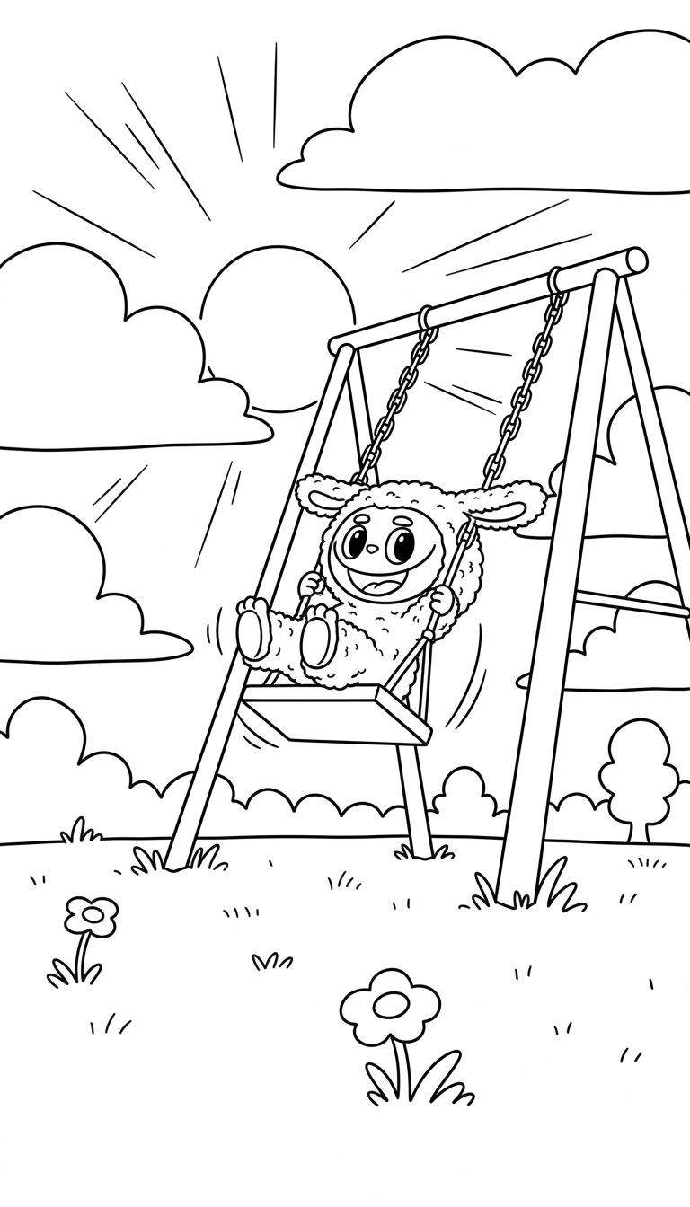 Zwart-wit kleurplaat van Labubu, het lammetjesachtige figuurtje, lachend op een schommel onder een zonnige hemel met wolken, gras en bloemen.