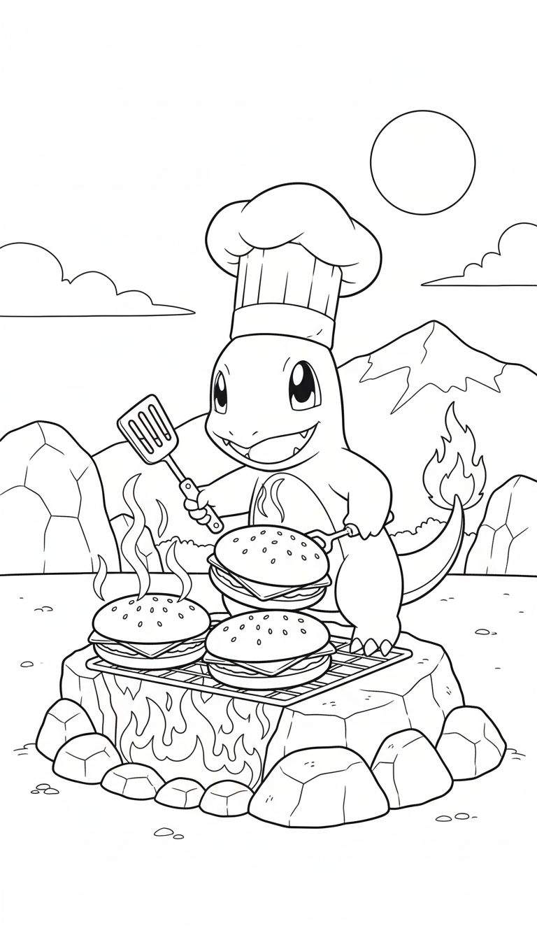 Zwart-wit kleurplaat van Charmander met koksmuts, die drie hamburgers grilt op een rotsgrill met vlammende staart, spatel en tang, bergen op de achtergrond en een lege cirkel rechtsboven.