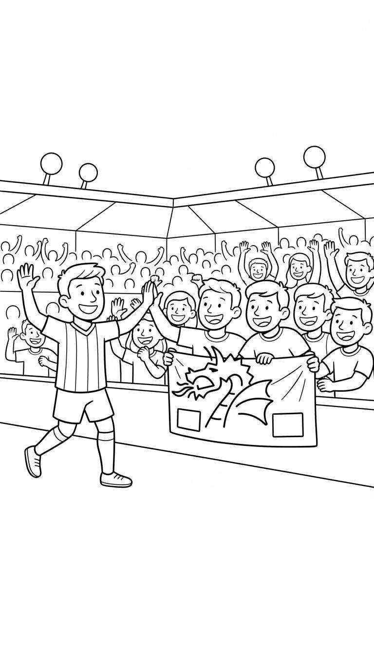 Zwart-wit lijntekening kleurplaat: Lachende FC Den Bosch voetballer geeft high five aan enthousiaste jonge fans op de tribune die een spandoek met draak vasthouden.