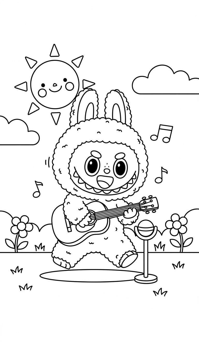 Labubu kleurplaat van een schattig monster-konijn dat gitaar speelt op een podium, met microfoon, muzieknoten, lachende zon, wolkjes, gras en bloemen.