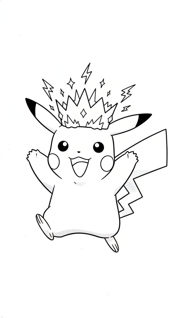 Zwart-wit lijntekening van een lachende en springende Pikachu met gespreide armen en bliksemschichten boven zijn hoofd.