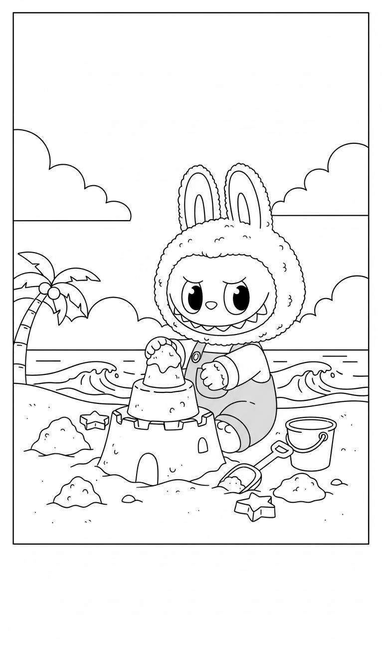 Zwart-wit kleurplaat van Labubu (konijn-achtig wezentje) dat een zandkasteel bouwt op een strand, met zee, palmboom en speelgoed.