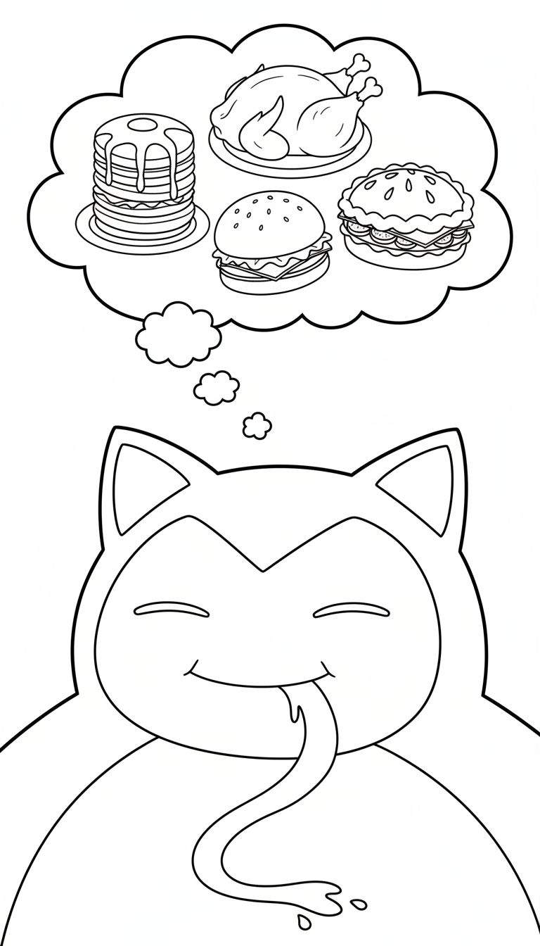 Kleurplaat van slapende Snorlax met een droomwolk vol pannenkoeken, gebraden kip, hamburger en taart.