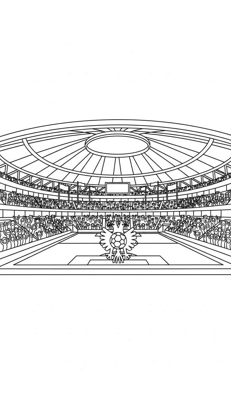 Zwart-wit lijntekening van een Vitesse stadion met juichende fans en een tweekoppige adelaar embleem met voetbal op het veld.