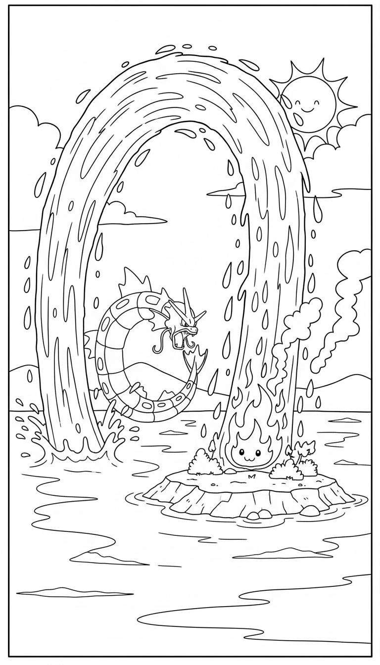 Kleurplaat van Gyarados in water onder een waterval, met open bek, spatten water. Op een eilandje zit een vuurwezen met vlammen. Lachende zon en wolken in de lucht.