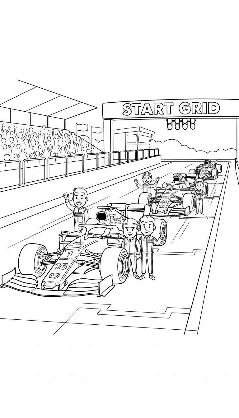 Zwart-witte Formule 1 kleurplaat van een startgrid. Toont twee raceauto's (nummer 16 'Honda', nummer 44), zwaaiende coureurs en teamleden, een juichend publiek op tribunes, een startbord met 'START GRID' en lichten, en een controletoren. De sfeer is spannend en vol anticipatie.