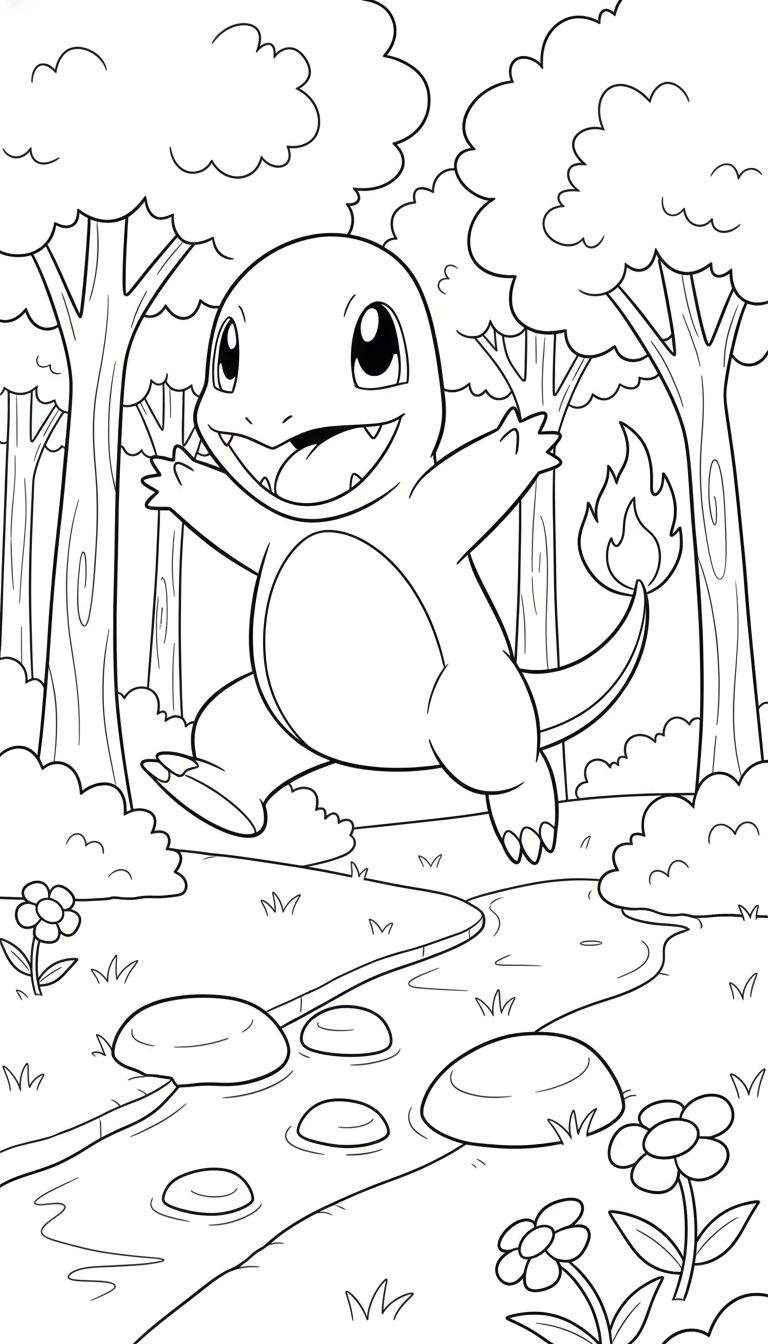 Zwart-wit lijntekening van een vrolijk rennende of springende Charmander in een bosrijke omgeving. Op de voorgrond is een beekje met stapstenen te zien, omringd door gras en eenvoudige bloemen. Op de achtergrond staan bomen en struiken.