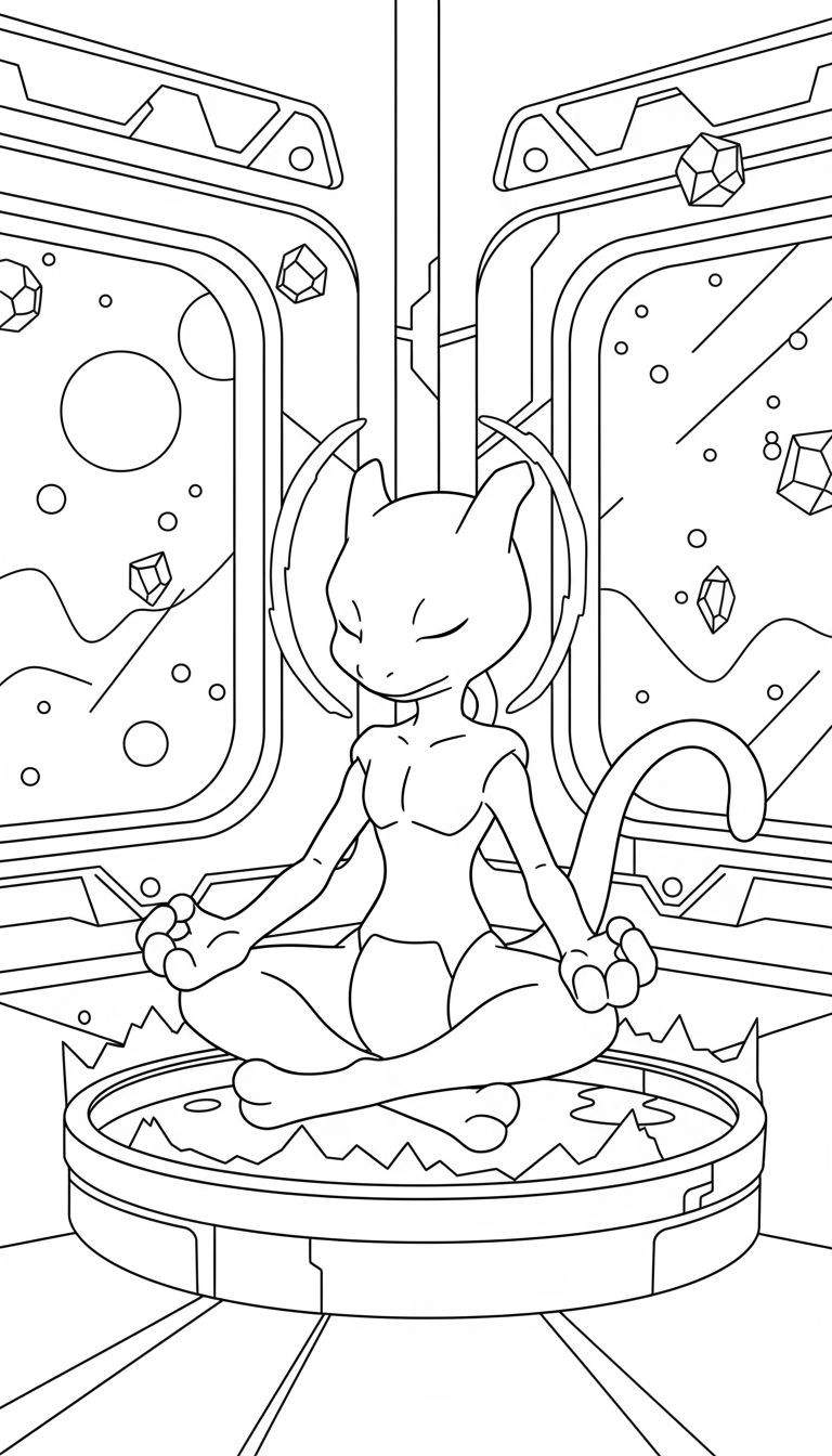 Zwart-wit lijntekening van Mewtwo in meditatieve lotuspositie op een rond platform in een futuristische ruimte met zwevende objecten, ideaal als kleurplaat.