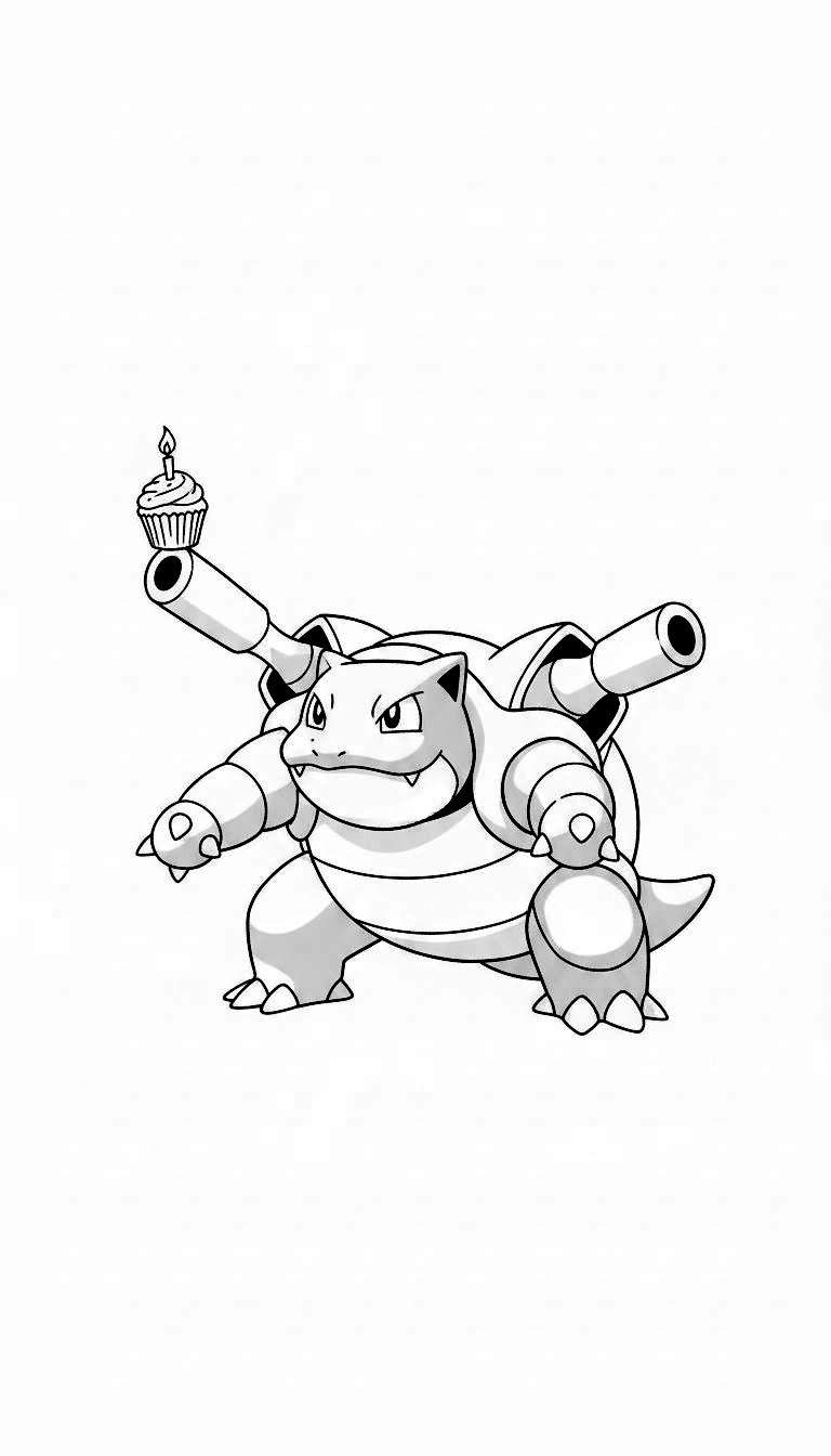 Zwart-wit kleurplaat van Blastoise balancerend op zijn linkerarmkanon met een brandende cupcake, met grijstinten voor diepte.