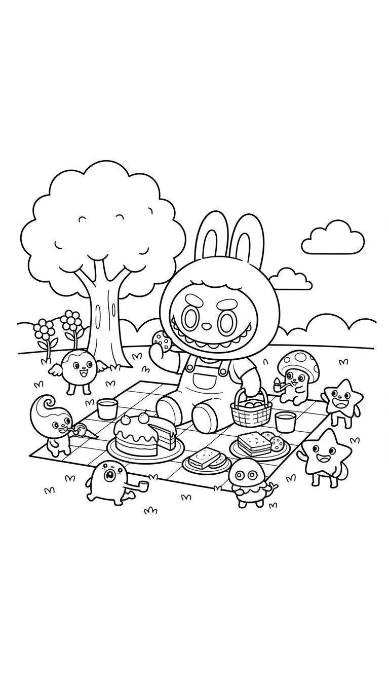 Kleurplaat van Labubu als vrolijk konijn op een picknick met taart, broodjes en diverse schattige wezentjes in een zonnig landschap.