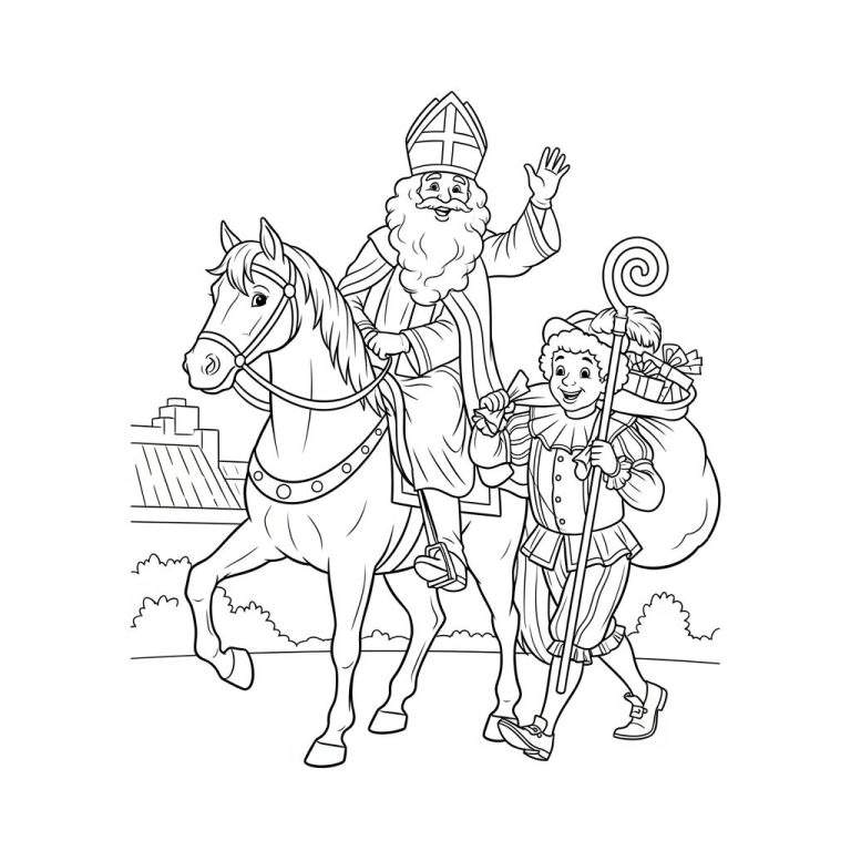 Zwart-wit kleurplaat van Sinterklaas zittend op een paard, zwaaiend met zijn hand. Naast het paard loopt een vrolijke Zwarte Piet met een zak cadeautjes op zijn rug.