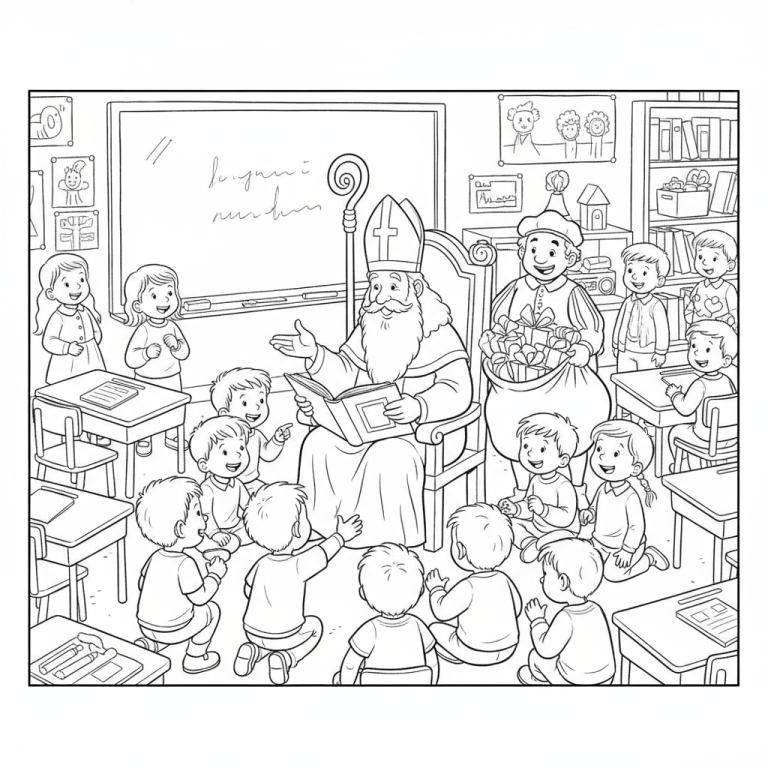 Kleurplaat van Sinterklaas die voorleest aan blije kinderen in een klaslokaal, met Zwarte Piet die cadeautjes vasthoudt.