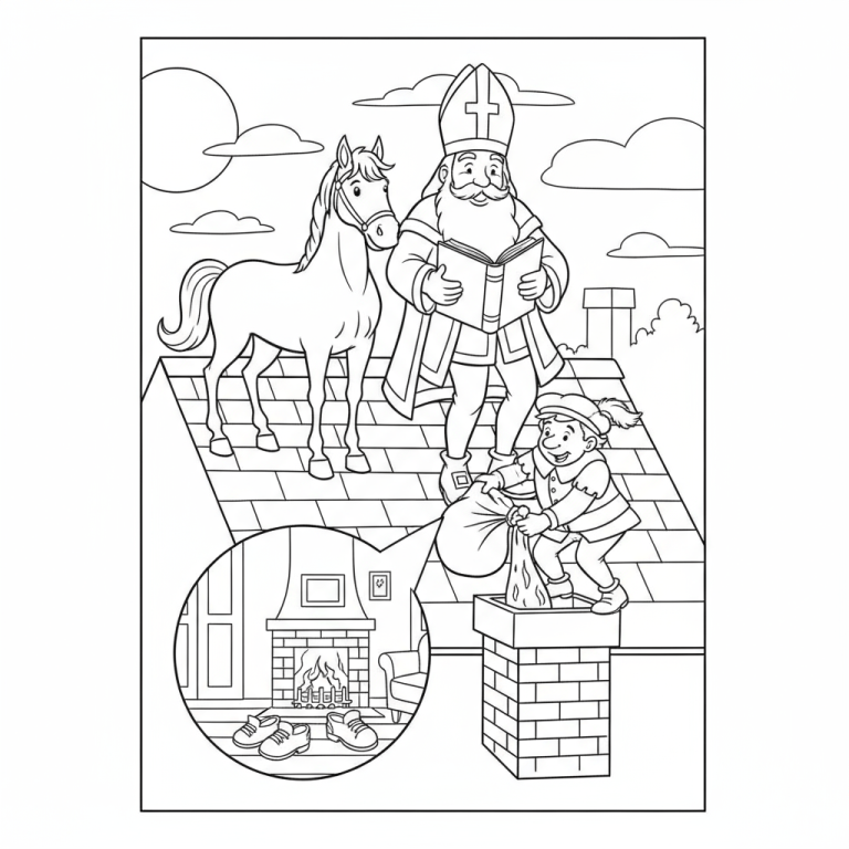 Kleurplaat van Sinterklaas op dak met Piet die cadeaus in schoorsteen doet, en schoenen bij brandende open haard.